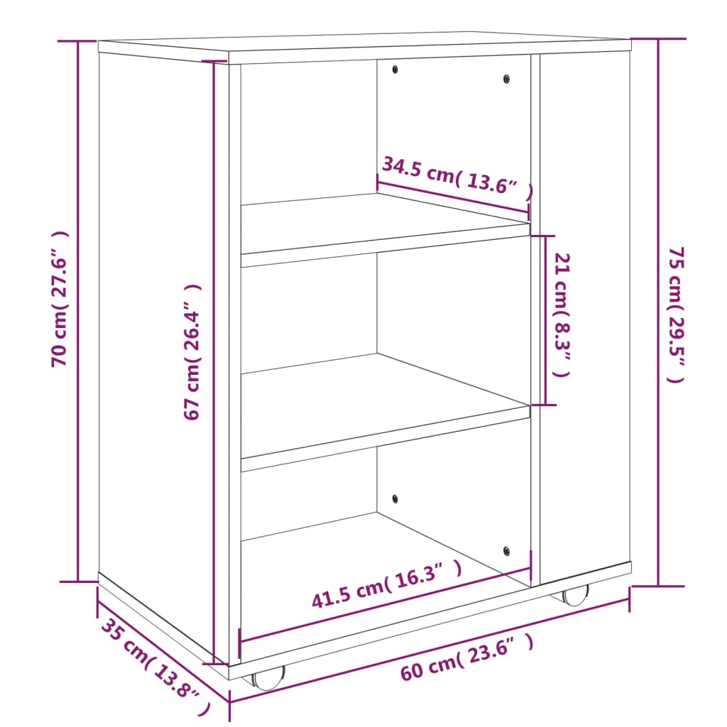 vidaXL Rollschrank Räuchereiche 60x35x75 cm Holzwerkstoff