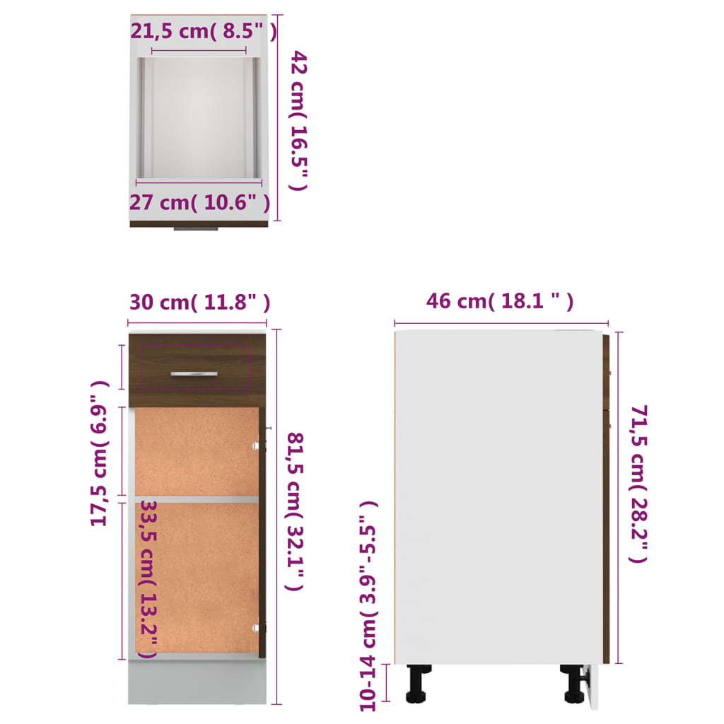 vidaXL Unterschrank mit Schublade Braun Eichen-Optik 30x46x81,5 cm