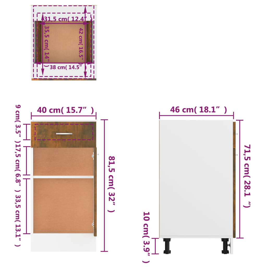 vidaXL Unterschrank mit Schublade Räuchereiche 40x46x81,5 cm