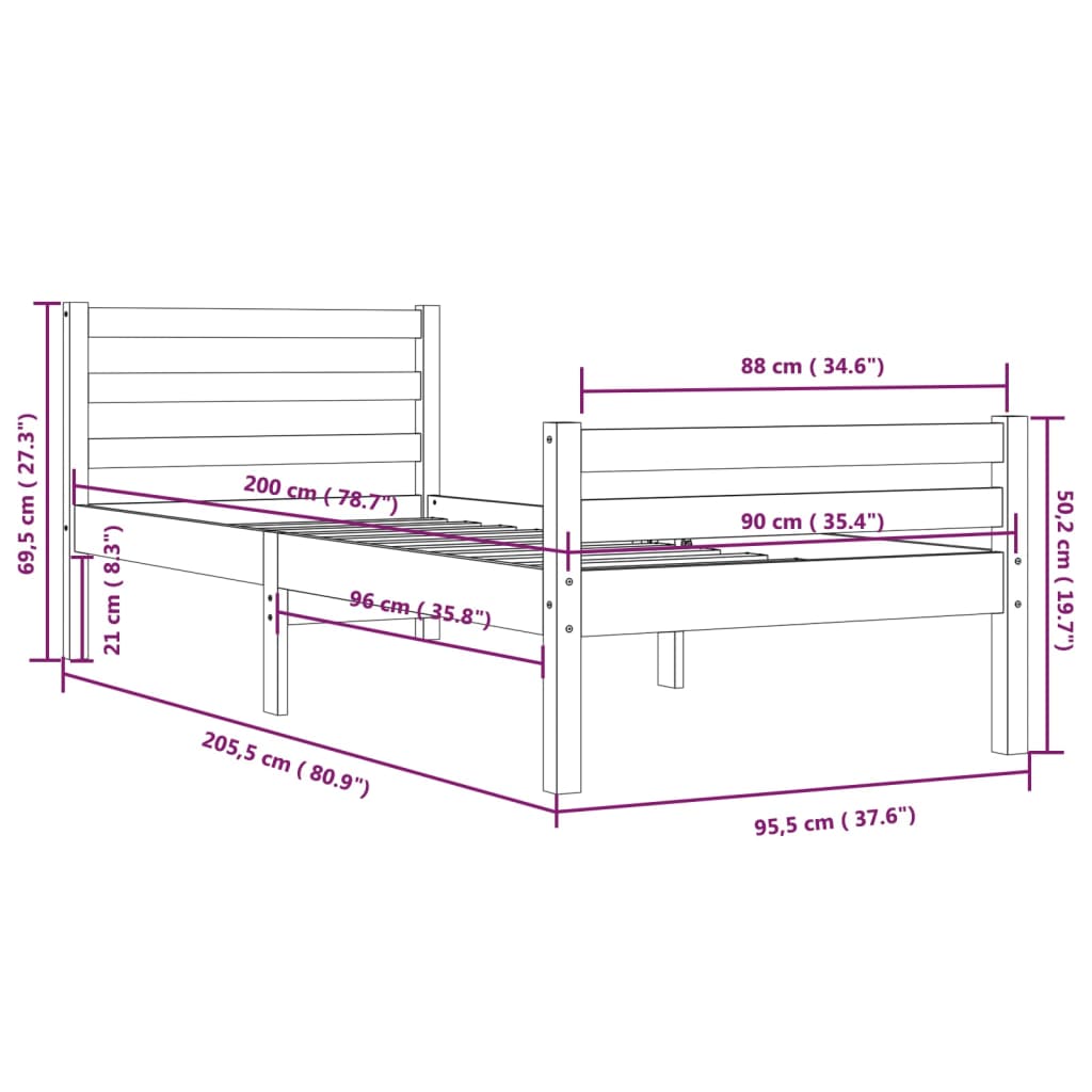 vidaXL Massivholzbett Weiß 90x200 cm