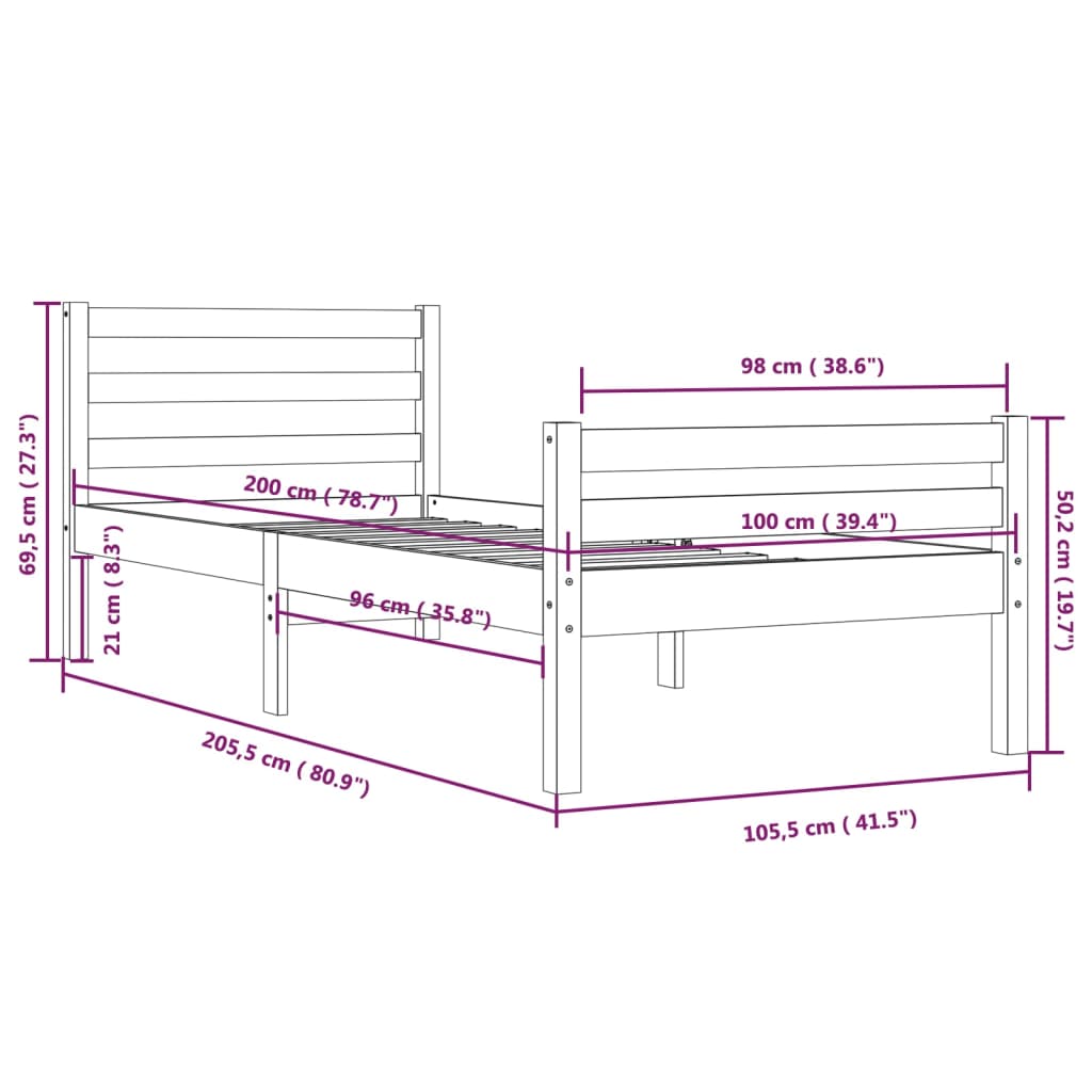 vidaXL Massivholzbett Grau 100x200 cm