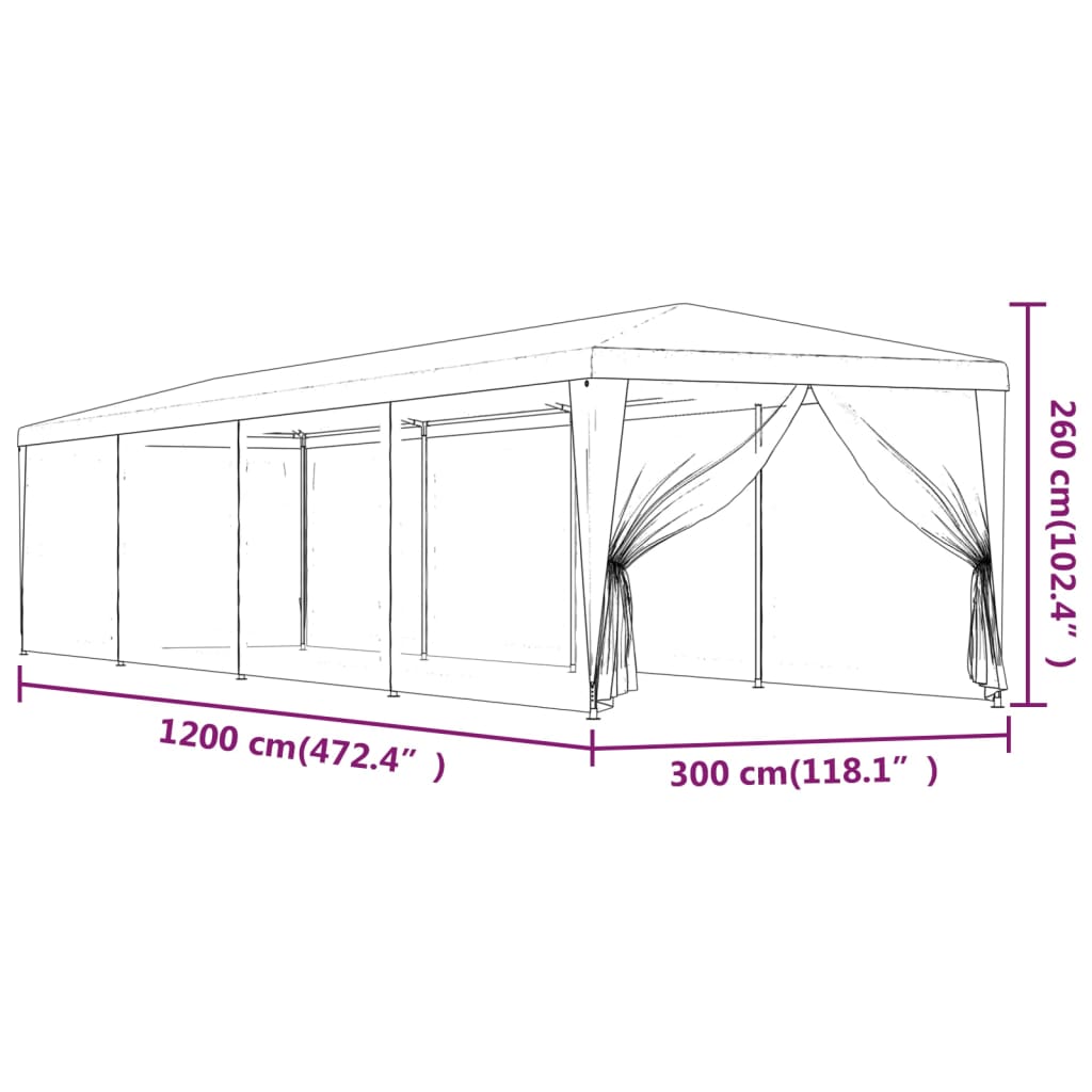 Partyzelt mit 10 Mesh-Seitenwänden Blau 3x12 m HDPE