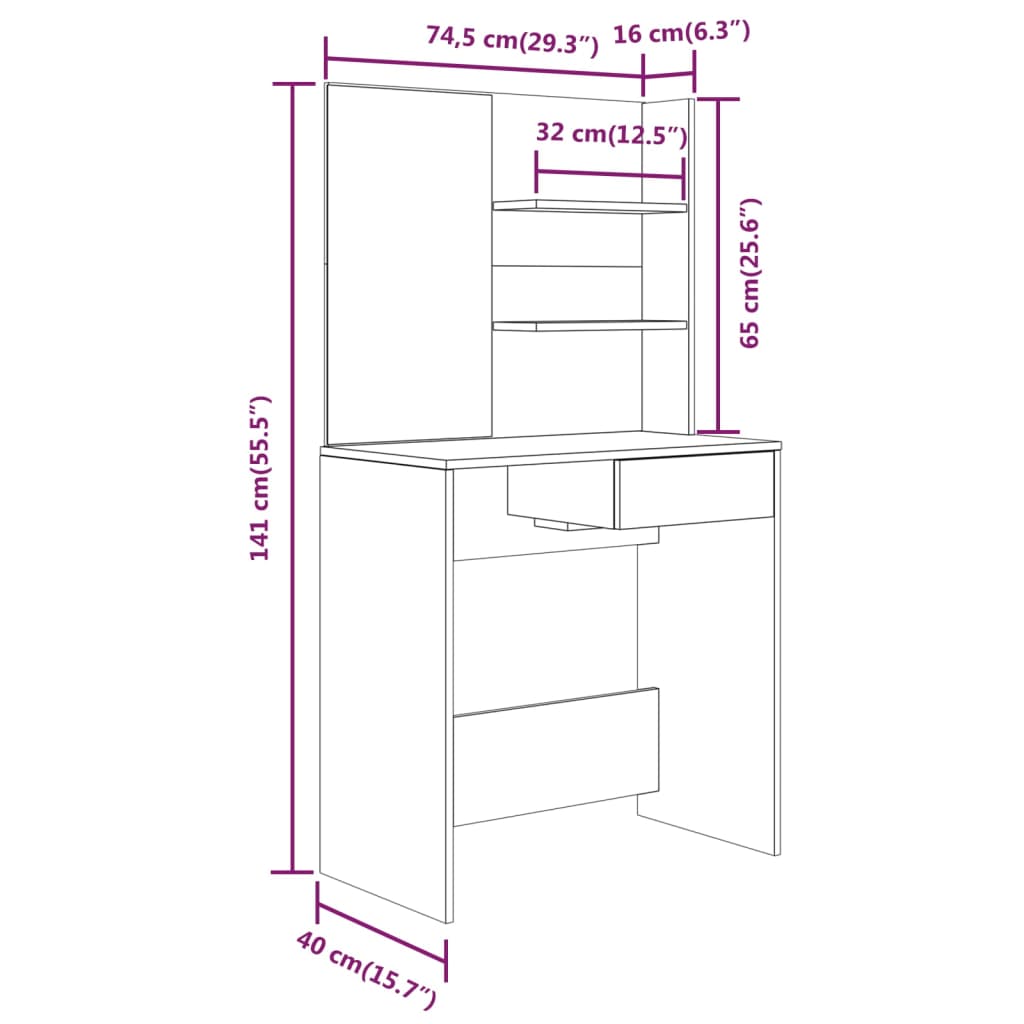 vidaXL Schminktisch mit Spiegel Sonoma-Eiche 74,5x40x141 cm