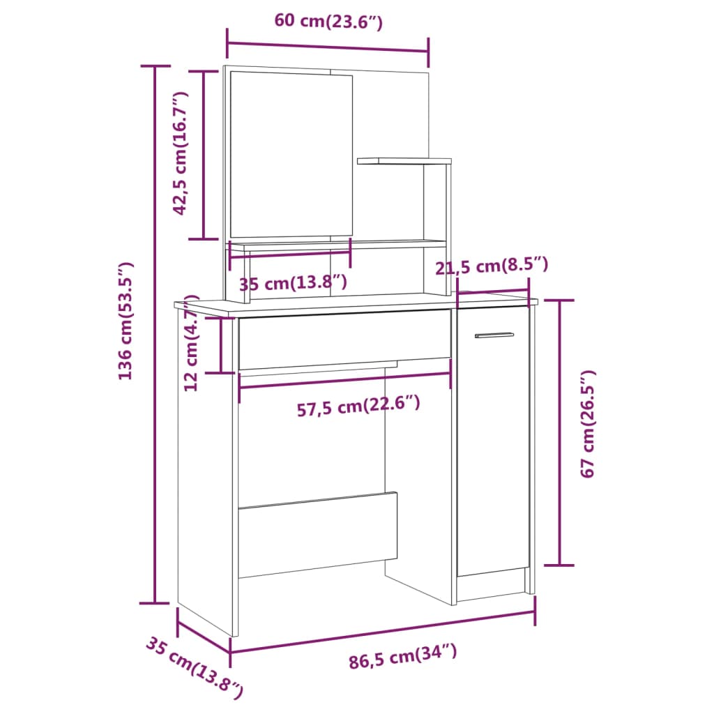 vidaXL Schminktisch mit Spiegel Weiß 86,5x35x136 cm