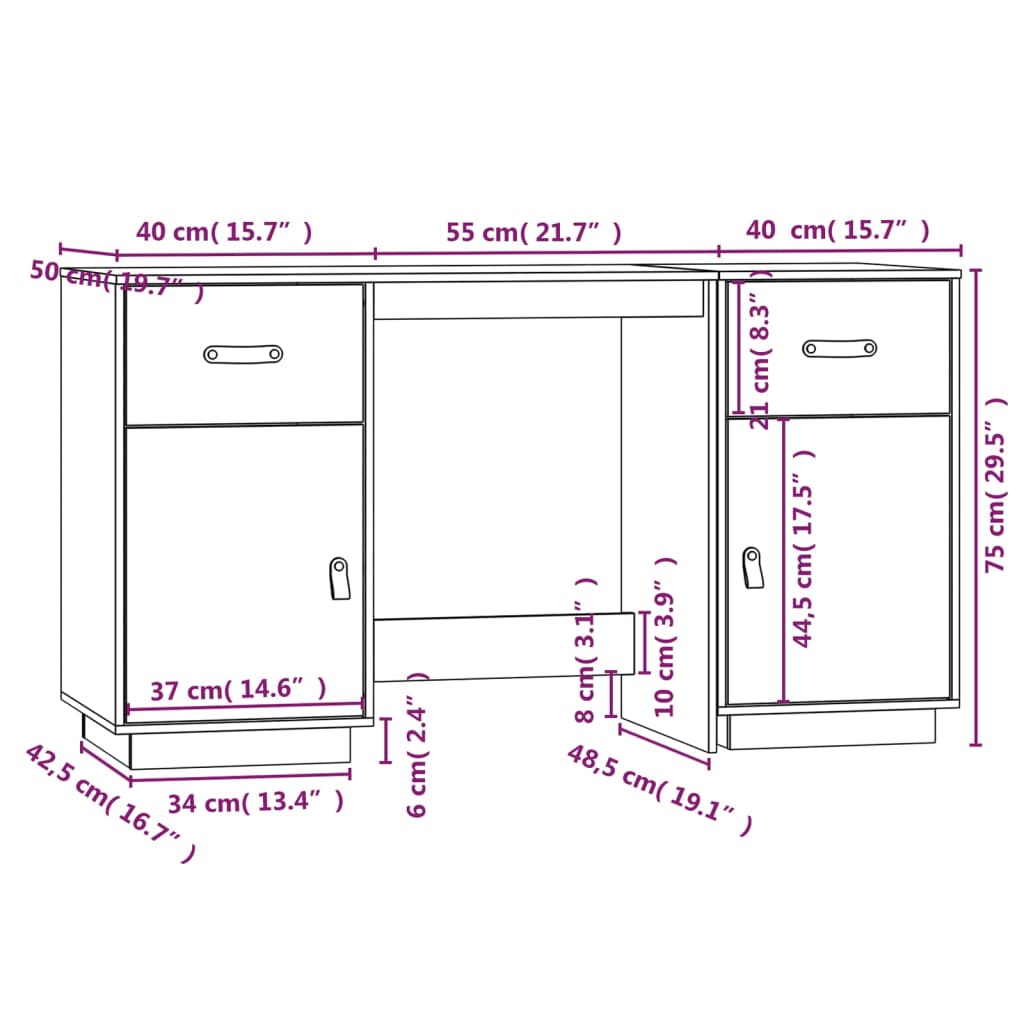 vidaXL Schreibtisch mit Schränken Schwarz 135x50x75 cm Massivholz