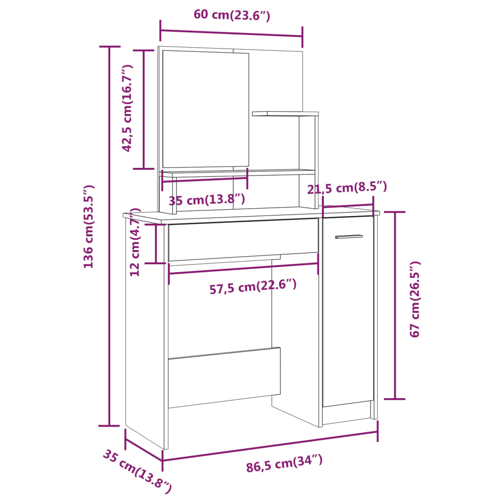 vidaXL Schminktisch-Set Räuchereiche 86,5x35x136 cm