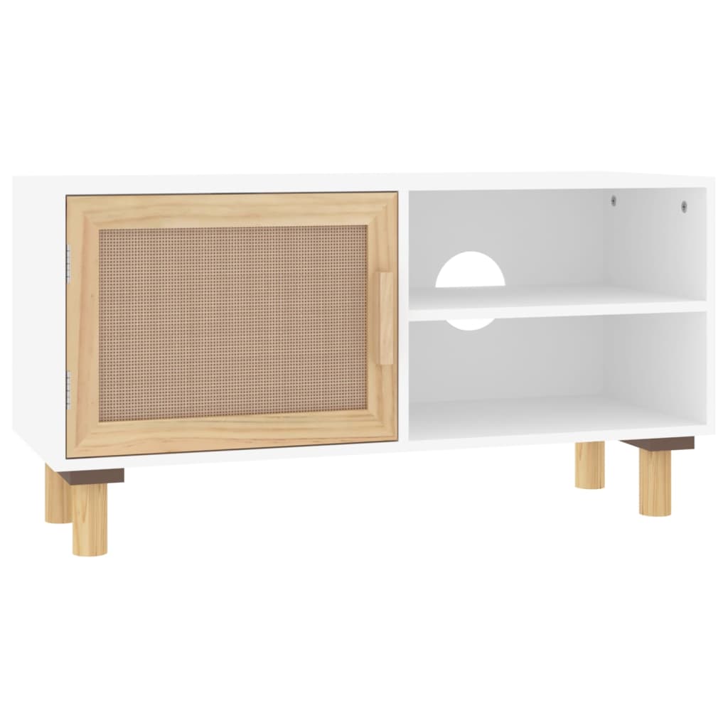 vidaXL TV-Schrank Weiß 80x30x40 cm Massivholz Kiefer und Natur-Rattan