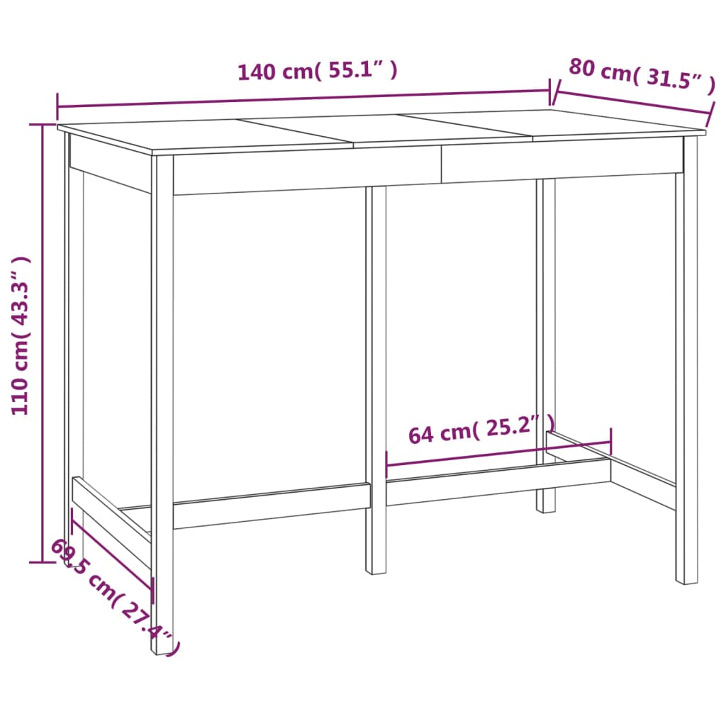 Bartisch 140x80x110 cm Massivholz Kiefer Stilecasa