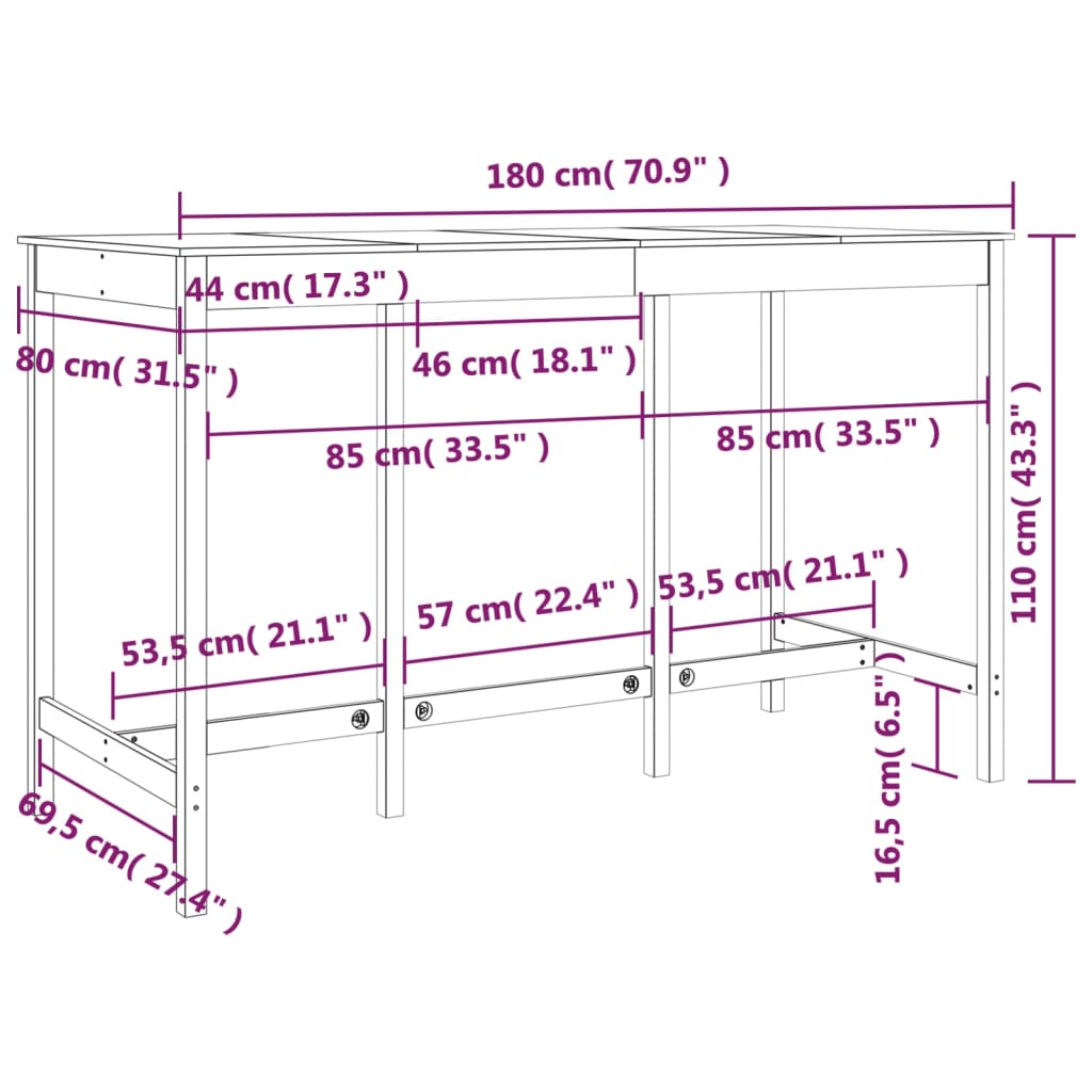 Bartisch Schwarz 180x80x110 cm Massivholz Kiefer Stilecasa