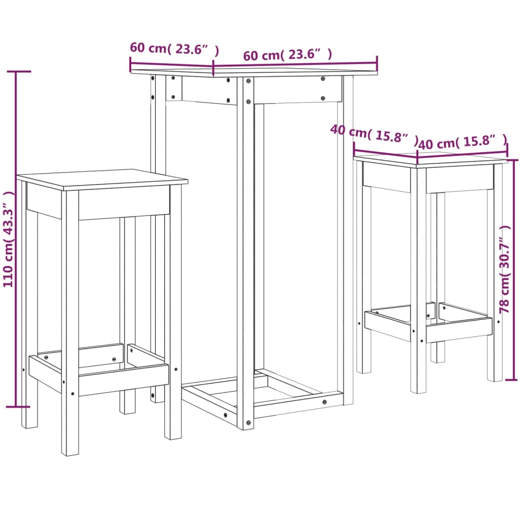 vidaXL 3-tlg. Bar-Set Massivholz Kiefer