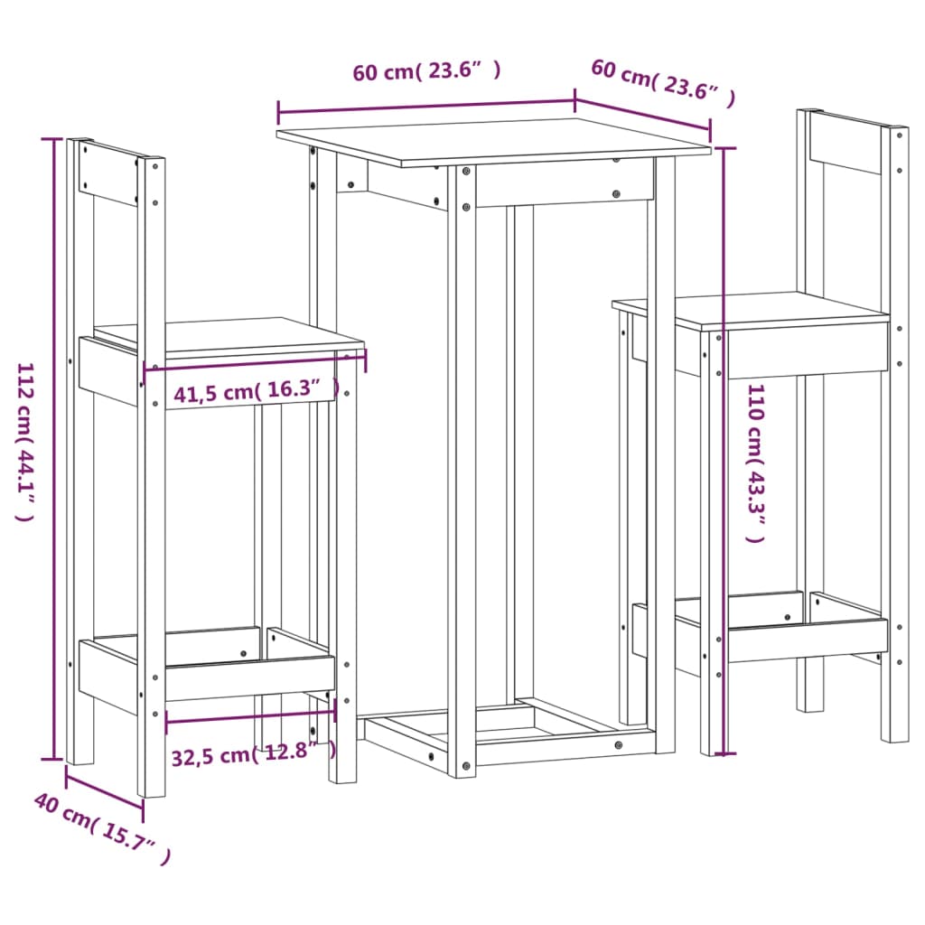 vidaXL 3-tlg. Bar-Set Massivholz Kiefer