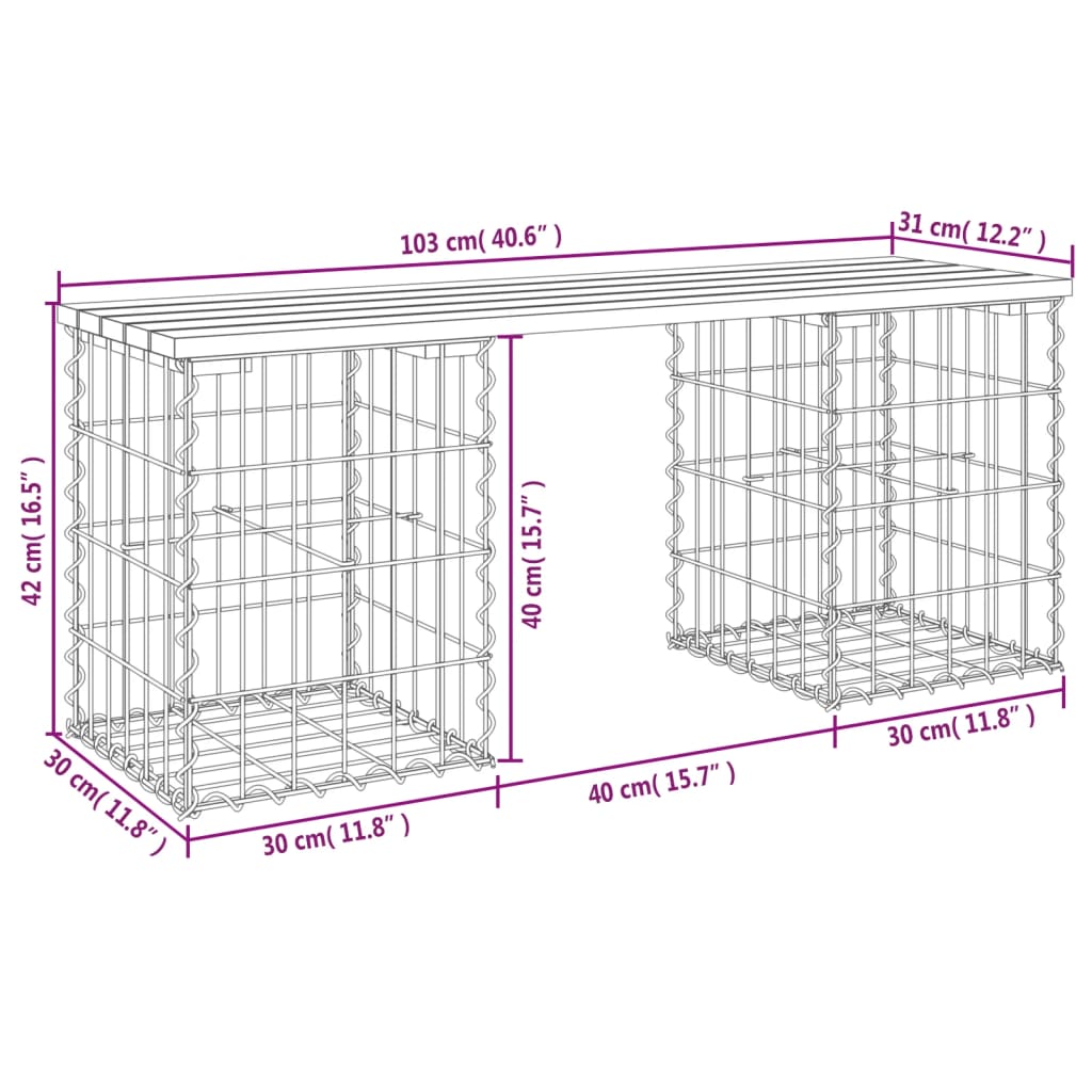 Gartenbank aus Gabionen 103x31x42 cm Massivholz Kiefer