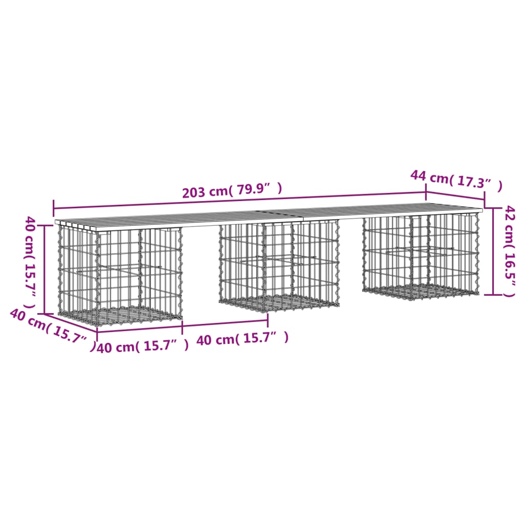 Gartenbank aus Gabionen 203x44x42 cm Massivholz Kiefer Stilecasa