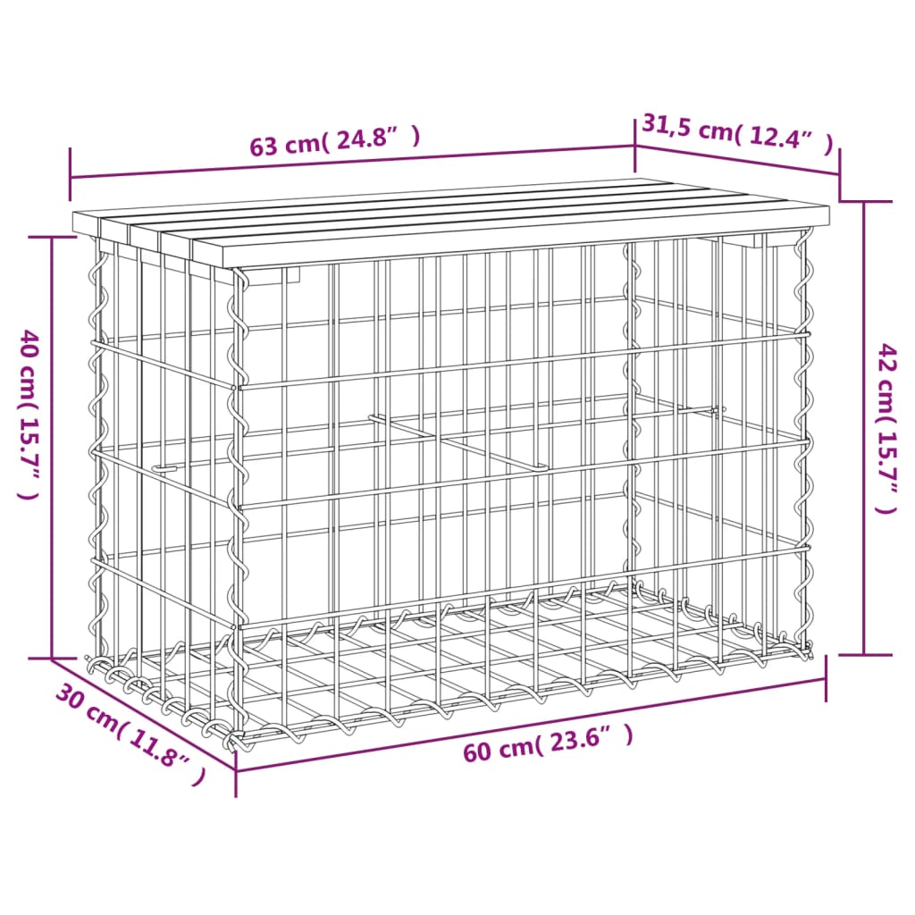 vidaXL Gartenbank aus Gabionen 63x31,5x42 cm Massivholz Kiefer