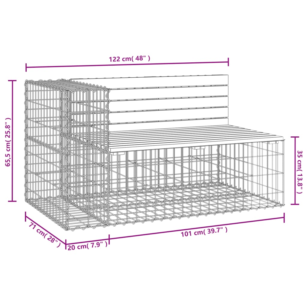 vidaXL Gartenbank aus Gabionen 122x71x65,5 cm Massivholz Kiefer