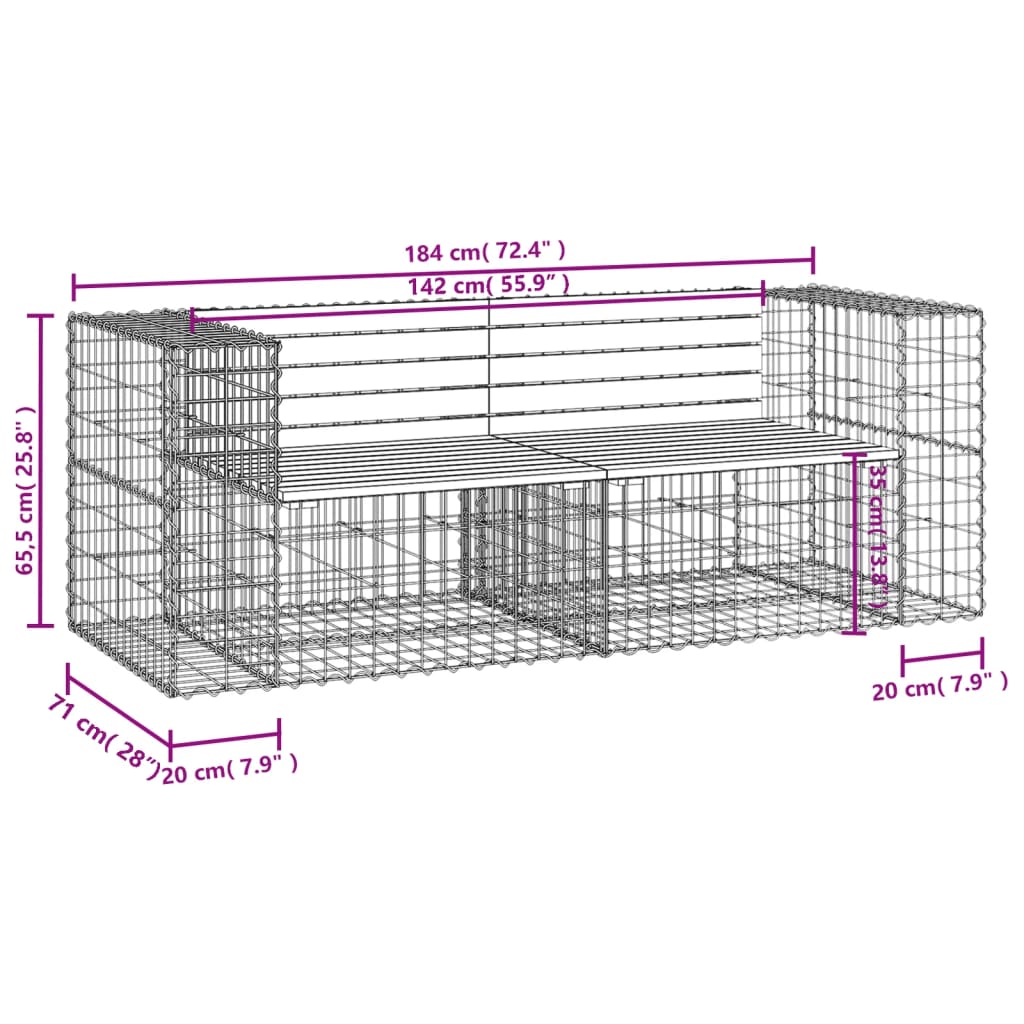 vidaXL Gartenbank aus Gabionen 184x71x65,5 cm Kiefernholz Imprägniert