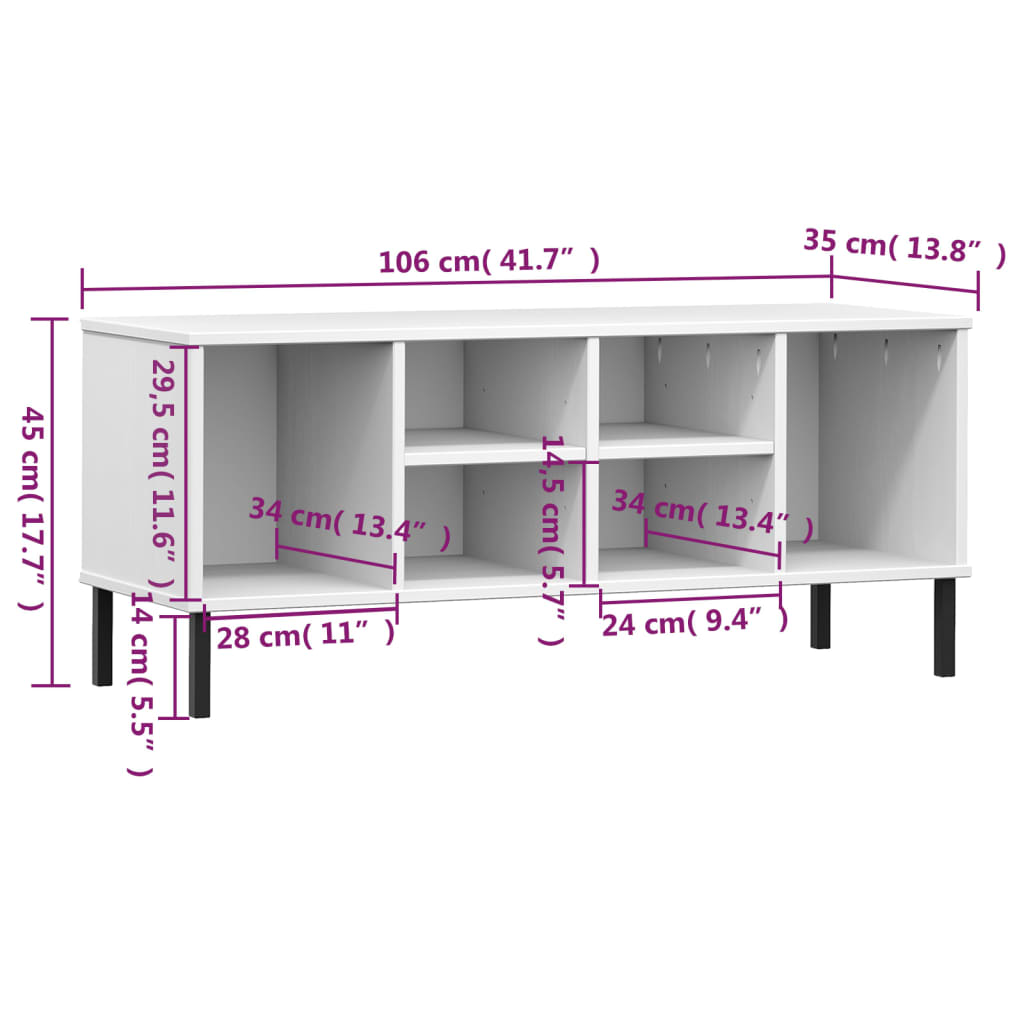 vidaXL Schuhregal OSLO mit Metallbeinen Weiß 106x35x45 cm Massivholz