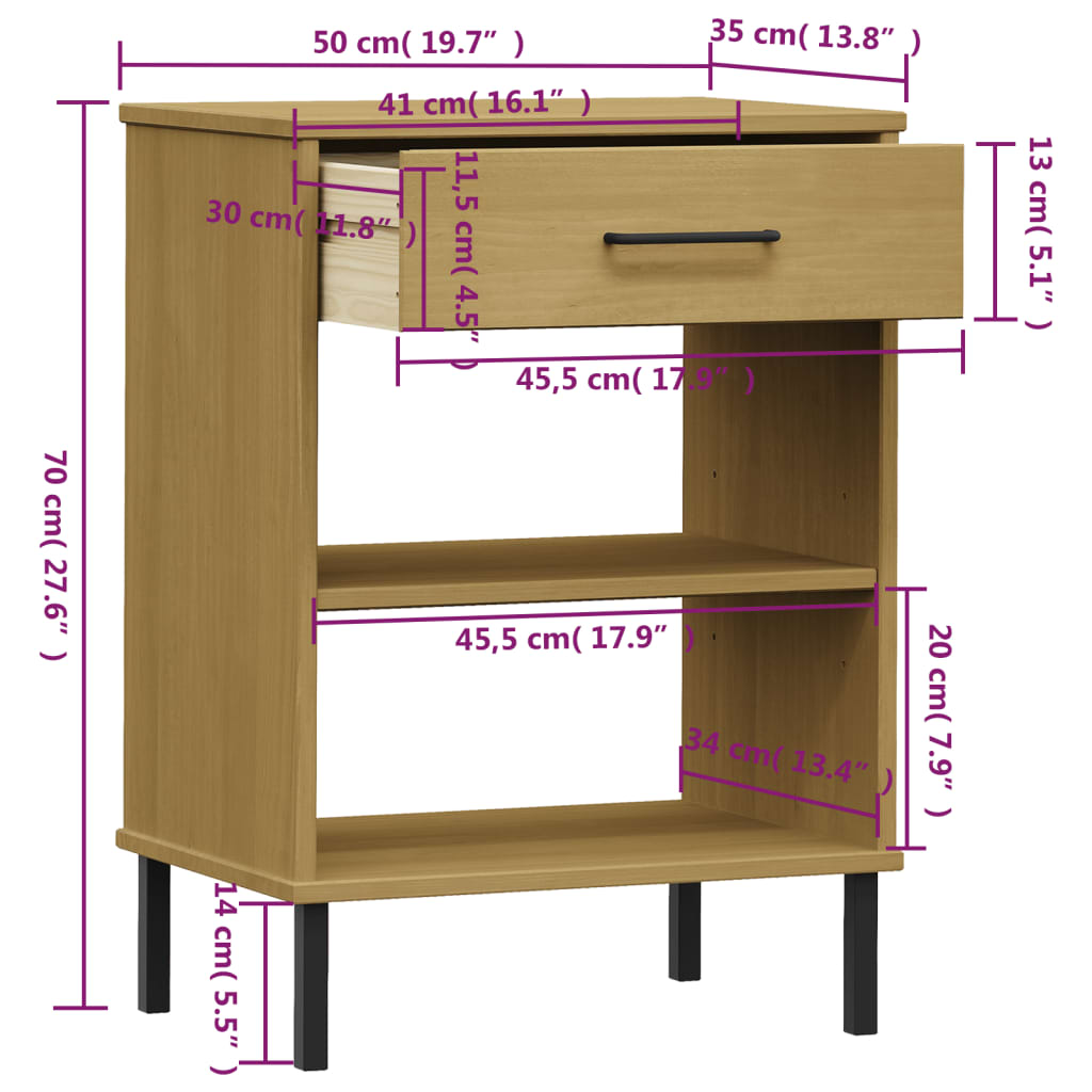 vidaXL Konsolenschrank OSLO mit Metallbeinen Braun Massivholz Kiefer