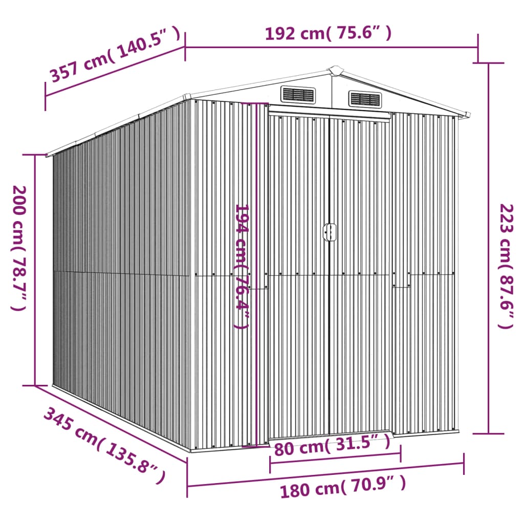 vidaXL Geräteschuppen Anthrazit 192x357x223 cm Verzinkter Stahl