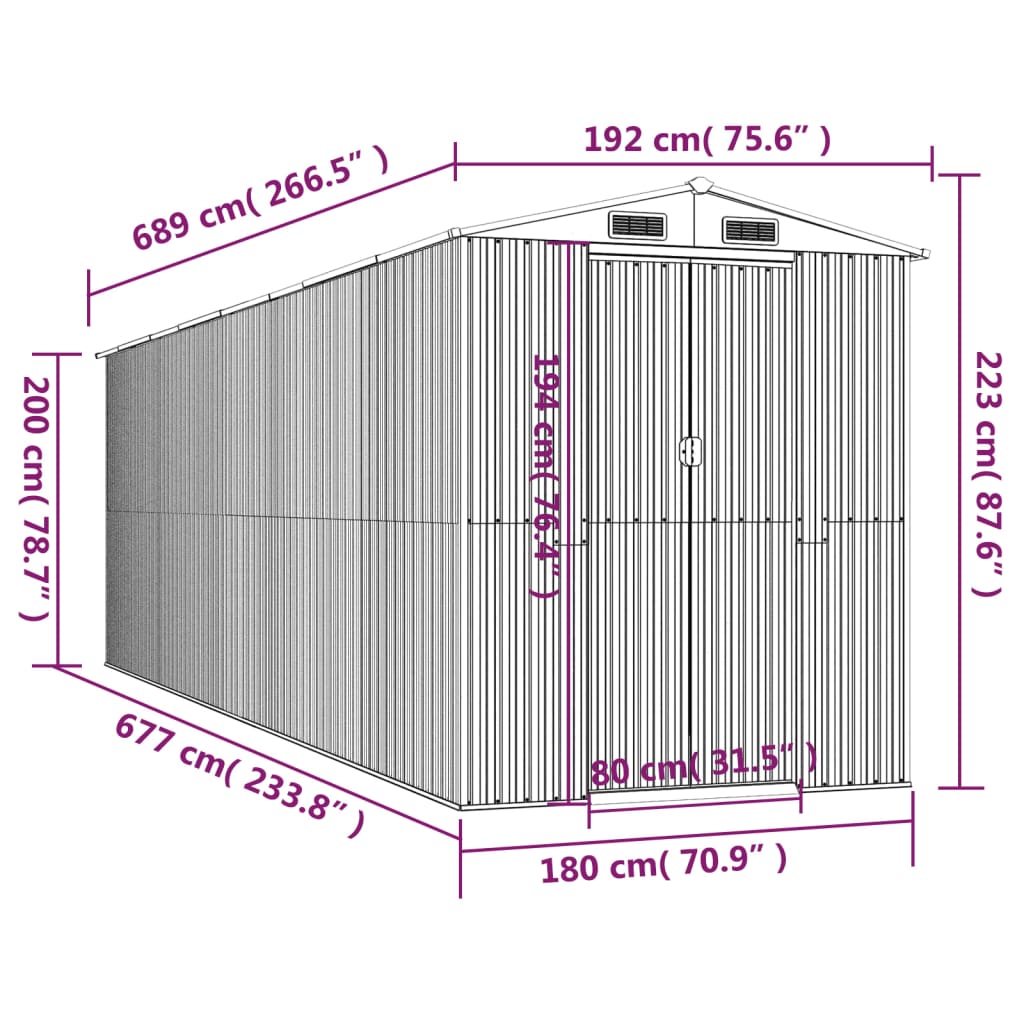 vidaXL Geräteschuppen Anthrazit 192x689x223 cm Verzinkter Stahl