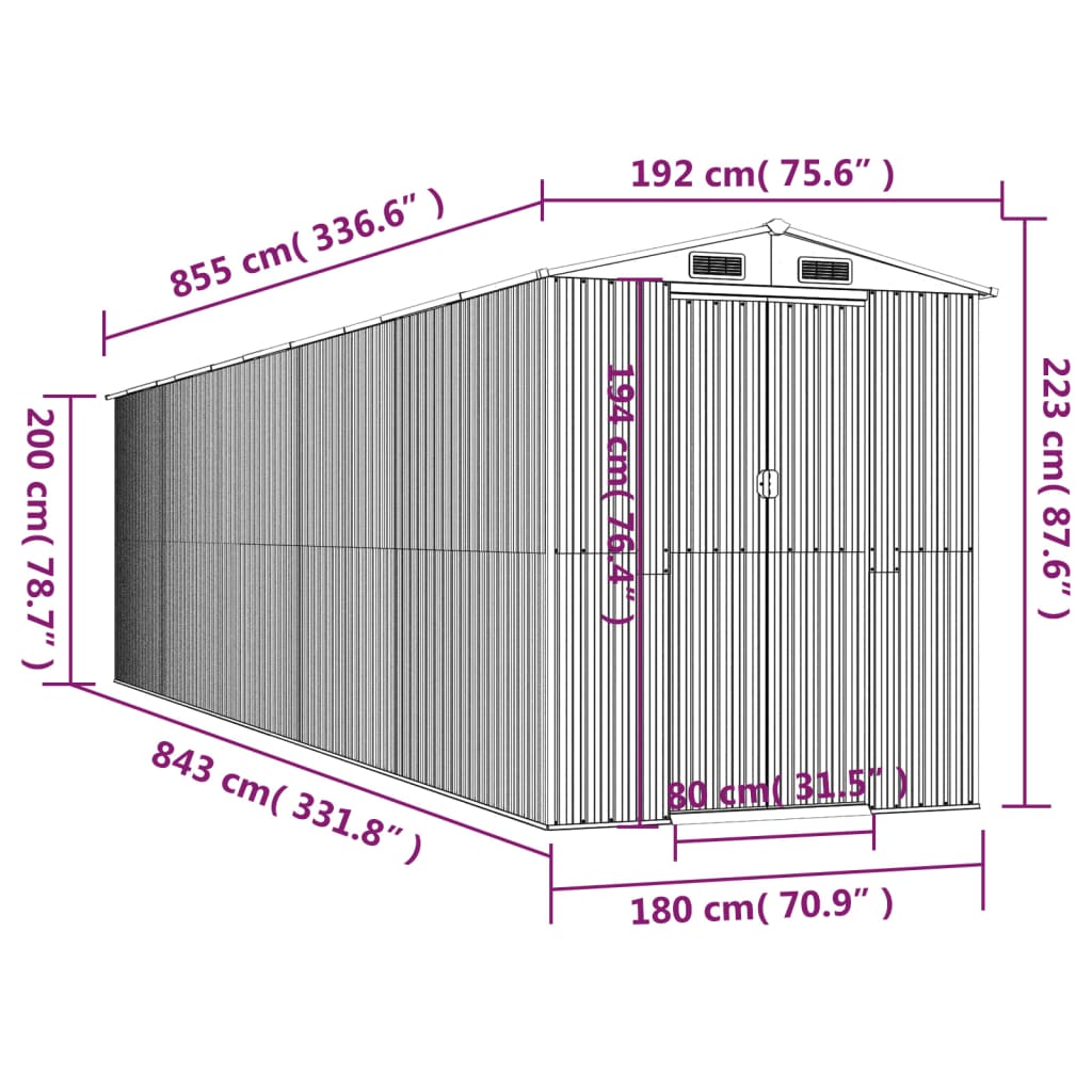 vidaXL Geräteschuppen Anthrazit 192x855x223 cm Verzinkter Stahl