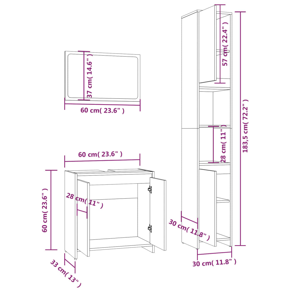 vidaXL 3-tlg. Badmöbel-Set Räuchereiche Holzwerkstoff