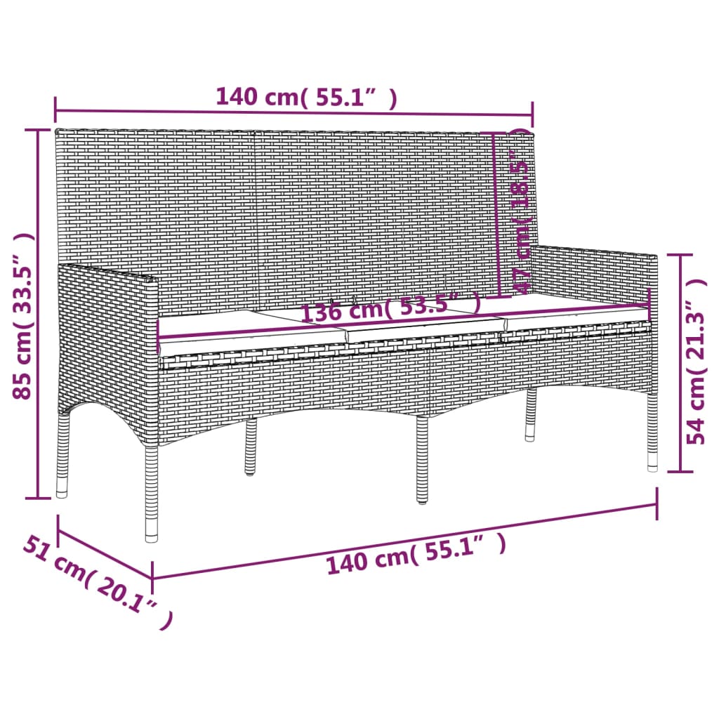 vidaXL Gartenbank 3-Sitzer mit Kissen Grau Poly Rattan