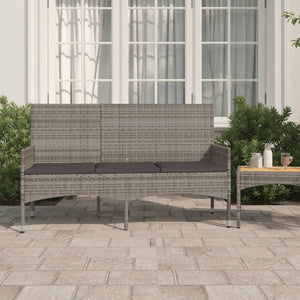 vidaXL Gartenbank 3-Sitzer mit Kissen Grau Poly Rattan