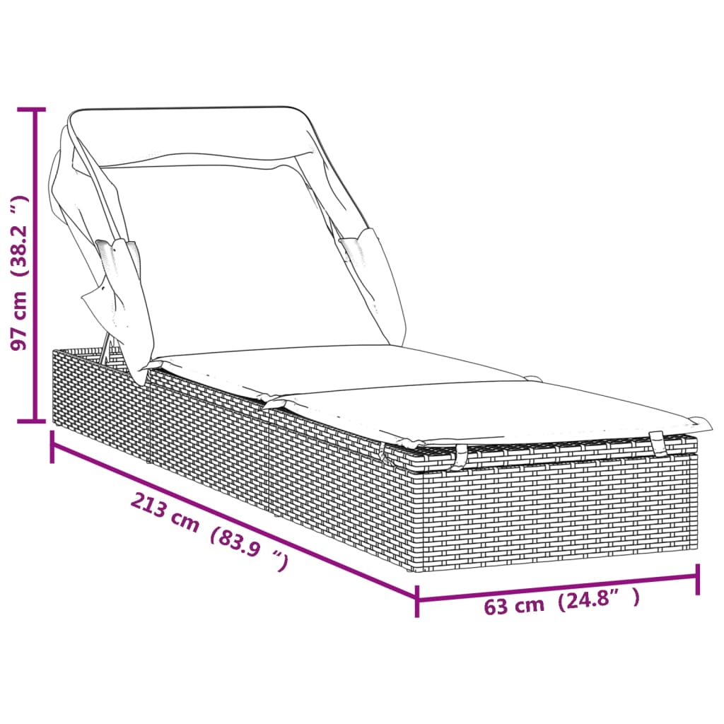 Sonnenliege mit Faltdach Grau 213x63x97 cm Poly Rattan