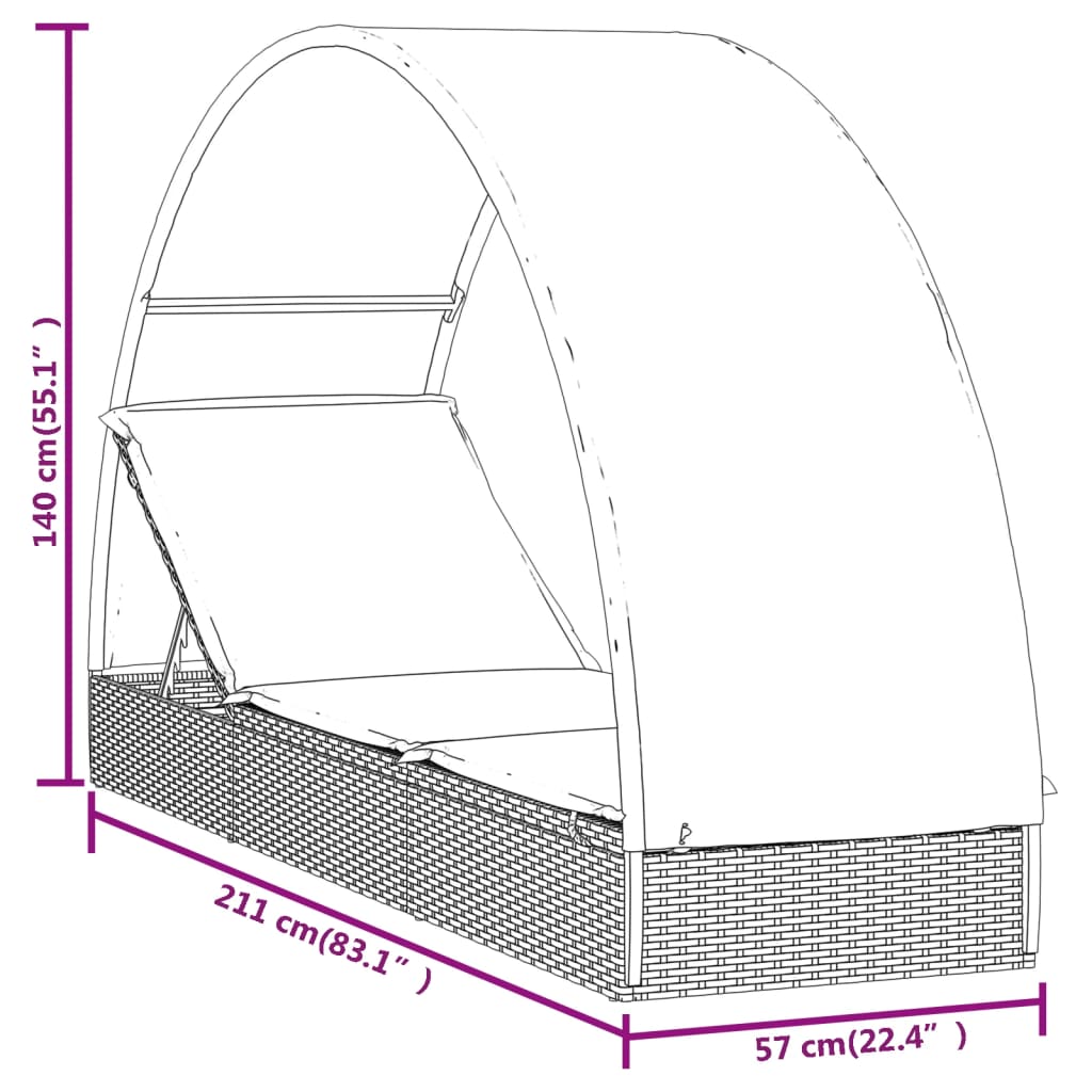 Sonnenliege mit Runddach Braun 211x57x140 cm Poly Rattan