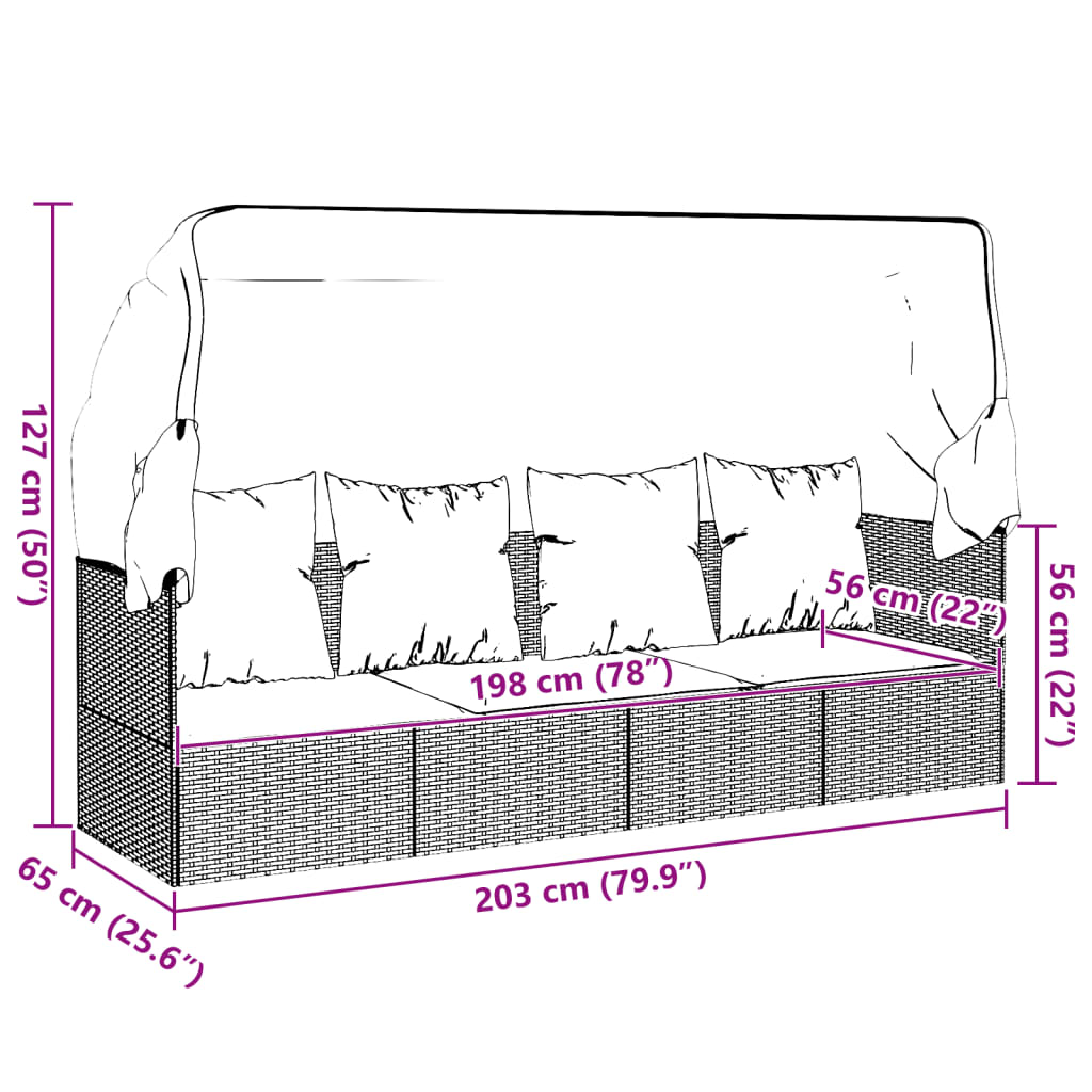 Outdoor-Loungebett mit Dach und Kissen Schwarz Poly Rattan