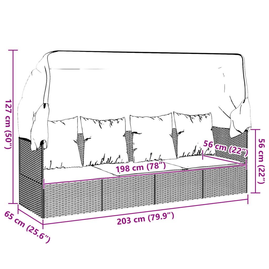 Outdoor-Loungebett mit Dach und Kissen Braun Poly Rattan