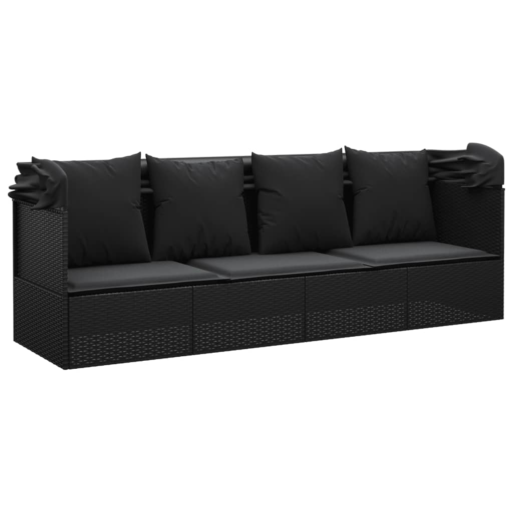 Outdoor-Loungebett mit Dach und Kissen Schwarz Poly Rattan Stilecasa