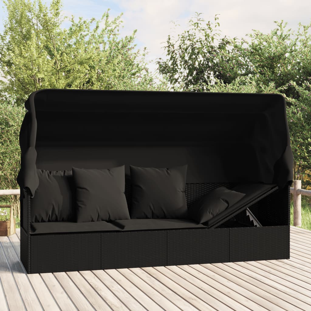 Outdoor-Loungebett mit Dach und Kissen Schwarz Poly Rattan Stilecasa