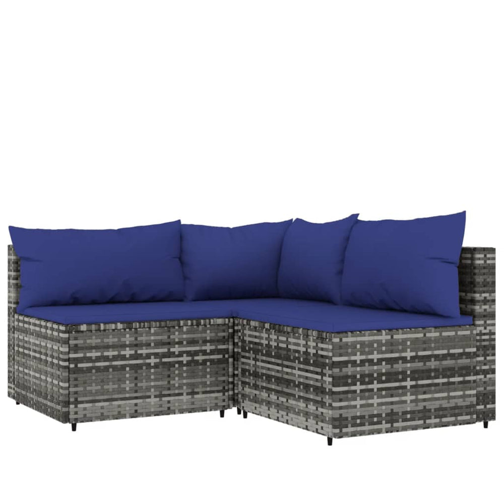 3-tlg. Garten-Lounge-Set mit Kissen Grau Poly Rattan Stilecasa