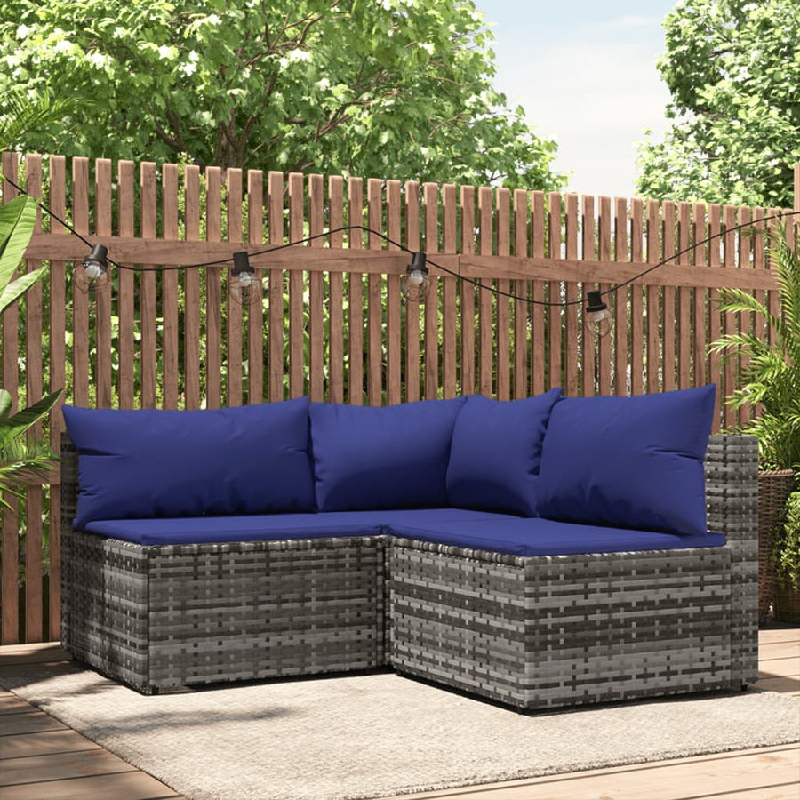 3-tlg. Garten-Lounge-Set mit Kissen Grau Poly Rattan Stilecasa