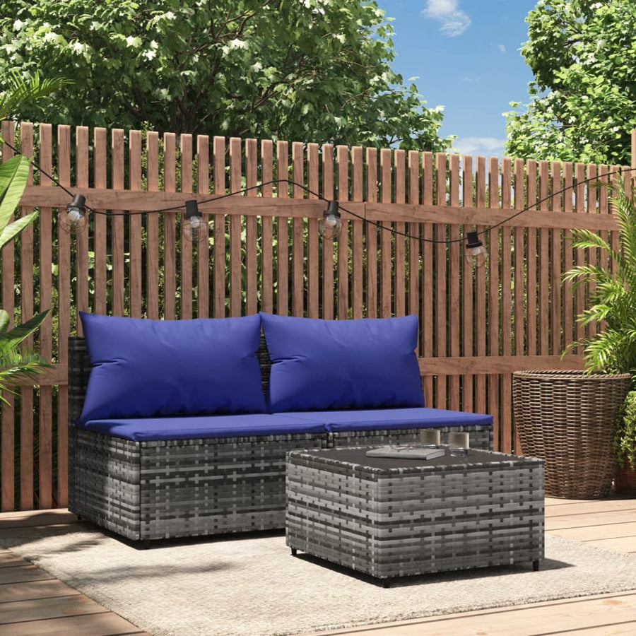 3-tlg. Garten-Lounge-Set mit Kissen Grau Poly Rattan Stilecasa