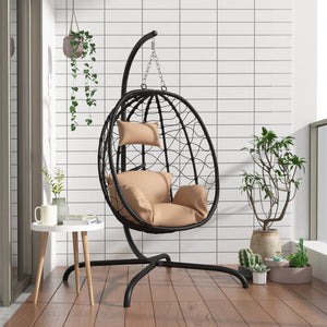 Hängesessel Ei mit Kissen Taupe Poly Rattan & Stahl Stilecasa