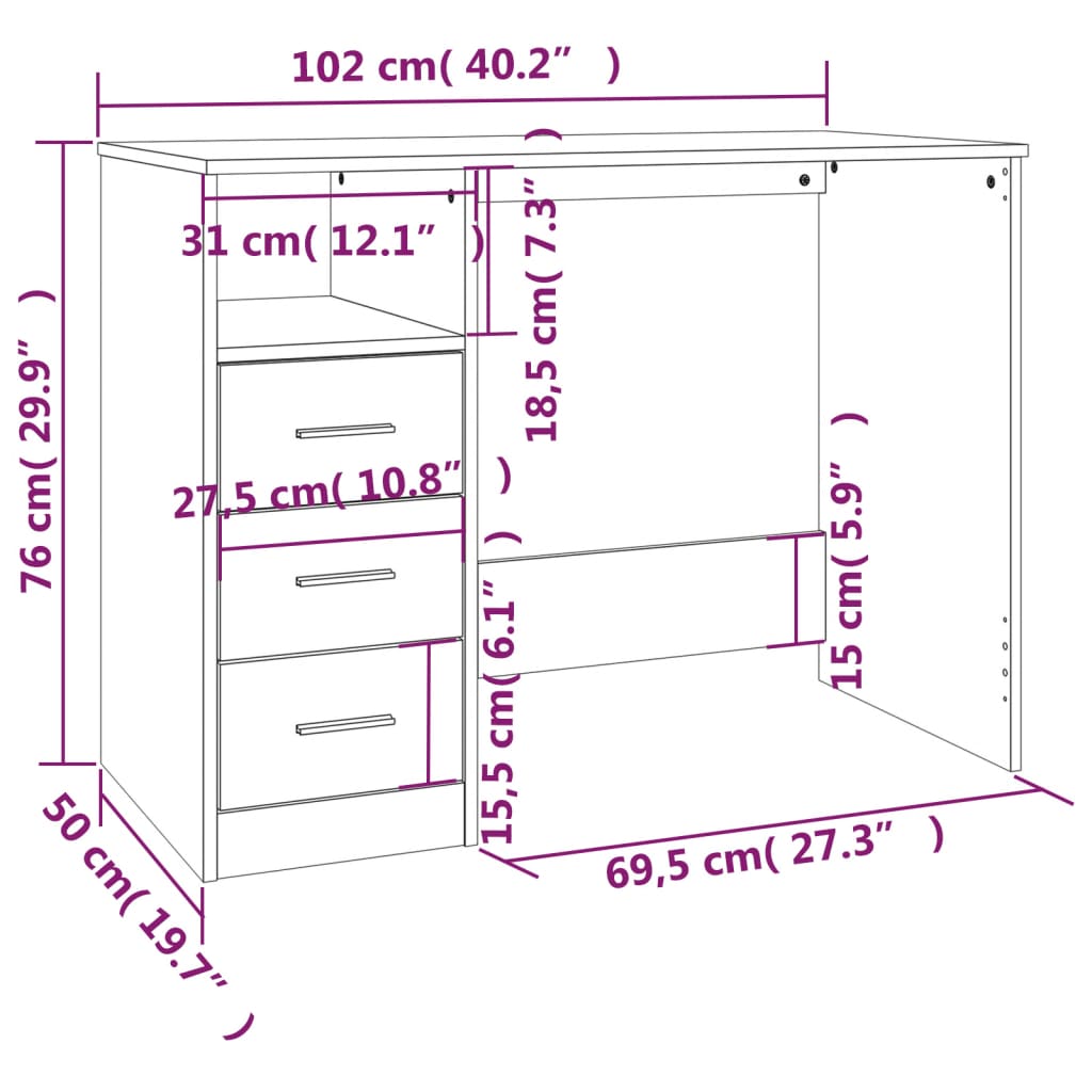 Schreibtisch mit Schubladen Räuchereiche 102x50x76 cm Stilecasa