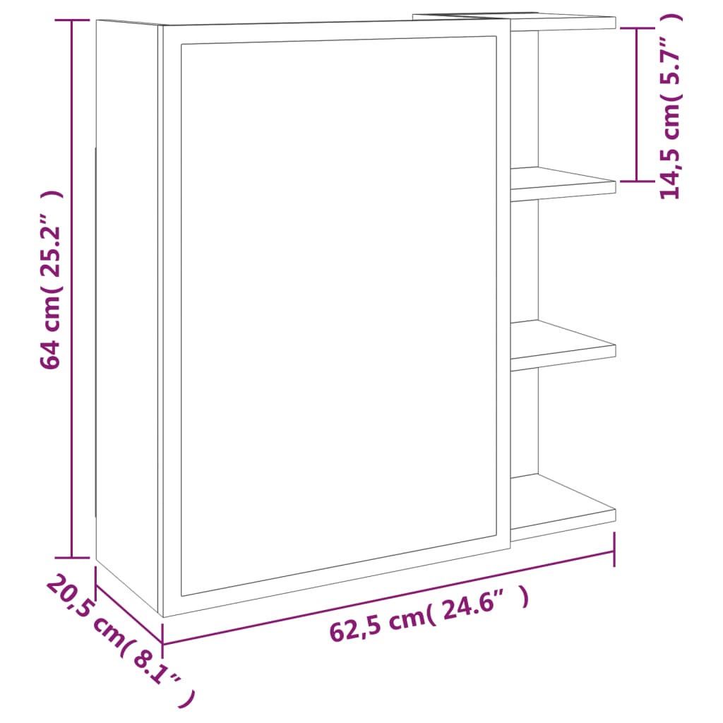 vidaXL Bad-Spiegelschrank Grau Sonoma 62,5x20,5x64 cm Holzwerkstoff