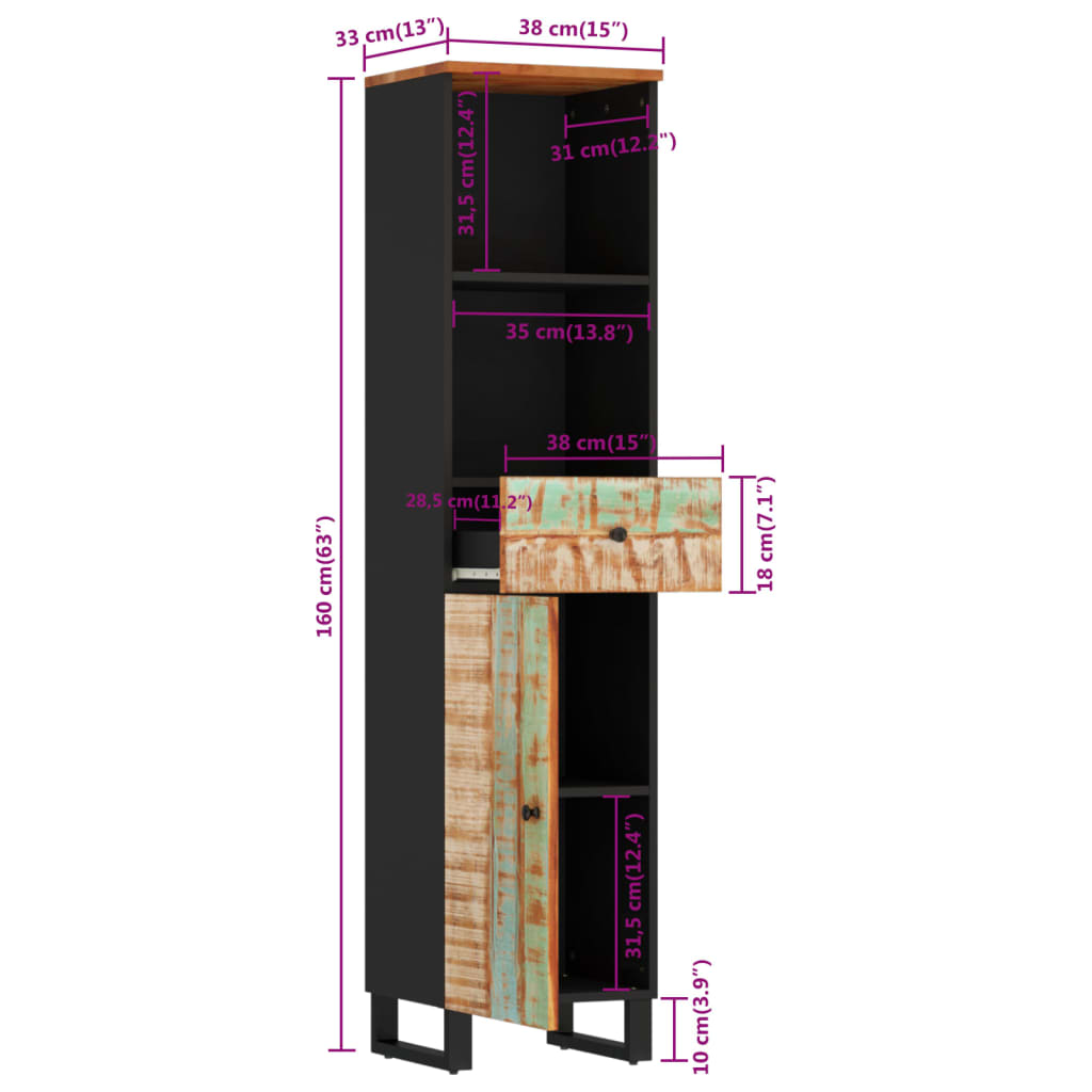 Badschrank 38x33x160 cm Altholz Massivholz