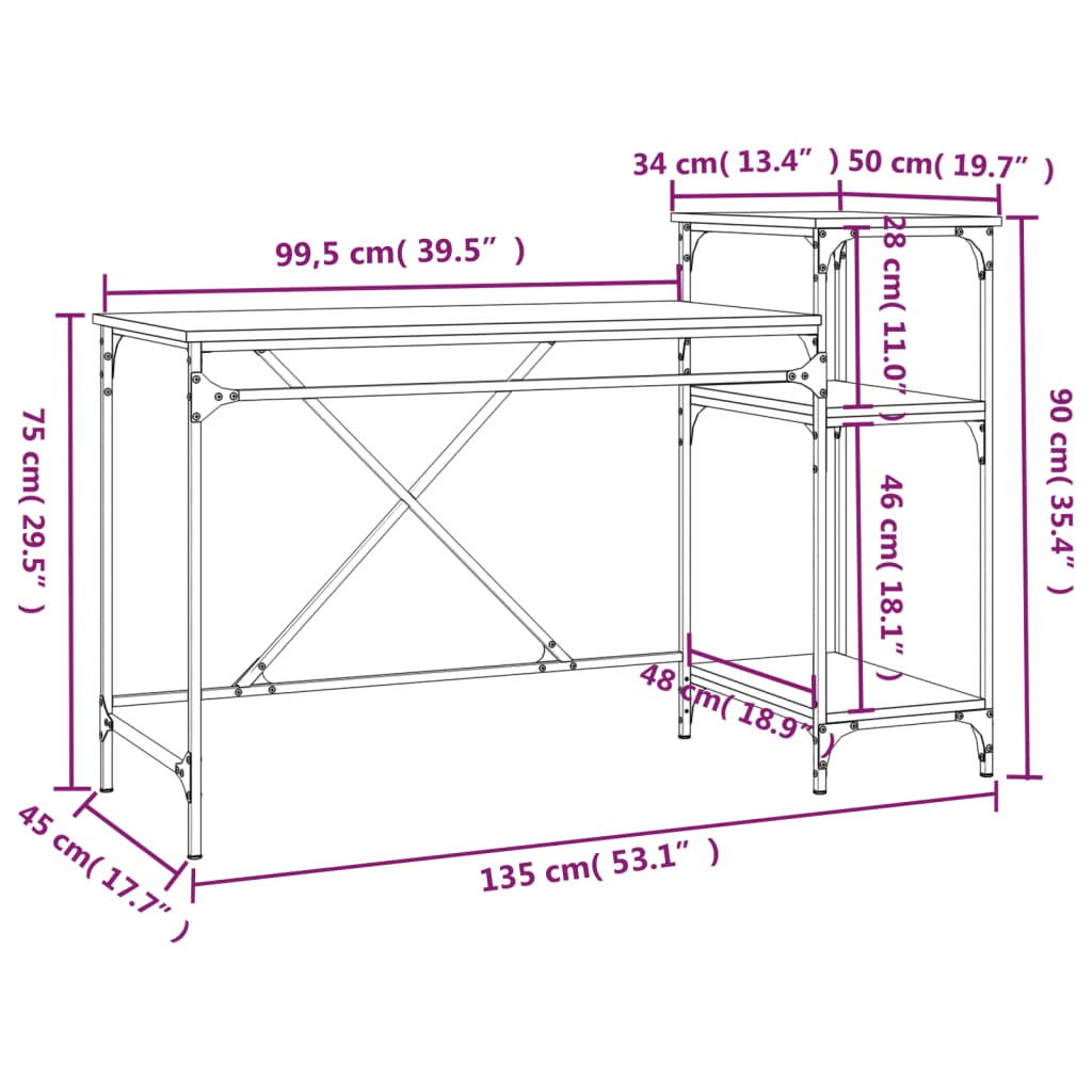 vidaXL Schreibtisch mit Regal Sonoma-Eiche 135x50x90 cm Holzwerkstoff