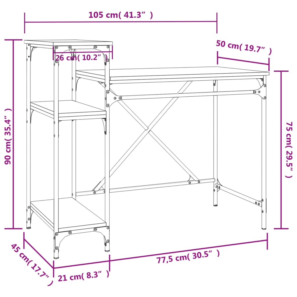 vidaXL Schreibtisch mit Regal Sonoma-Eiche 105x50x90 cm Holzwerkstoff