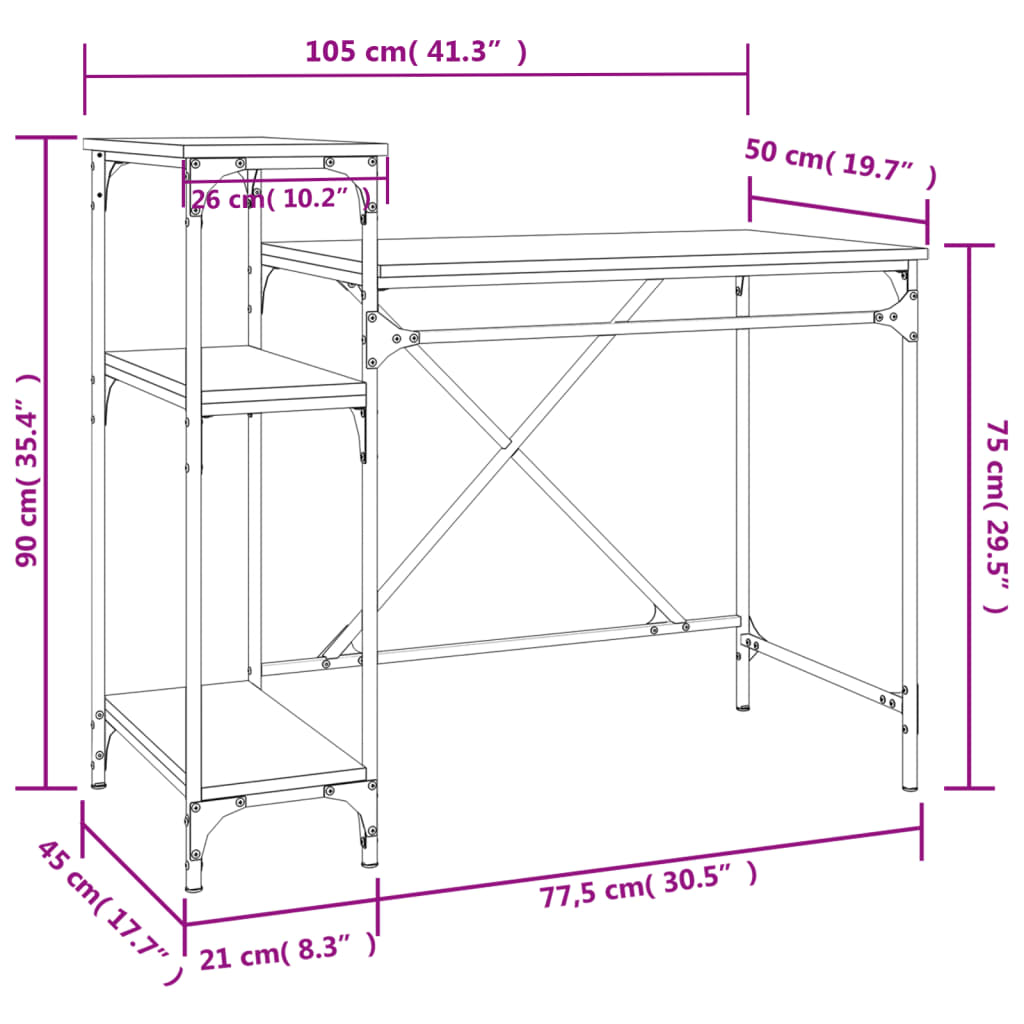 vidaXL Schreibtisch mit Regal Räuchereiche 105x50x90 cm Holzwerkstoff