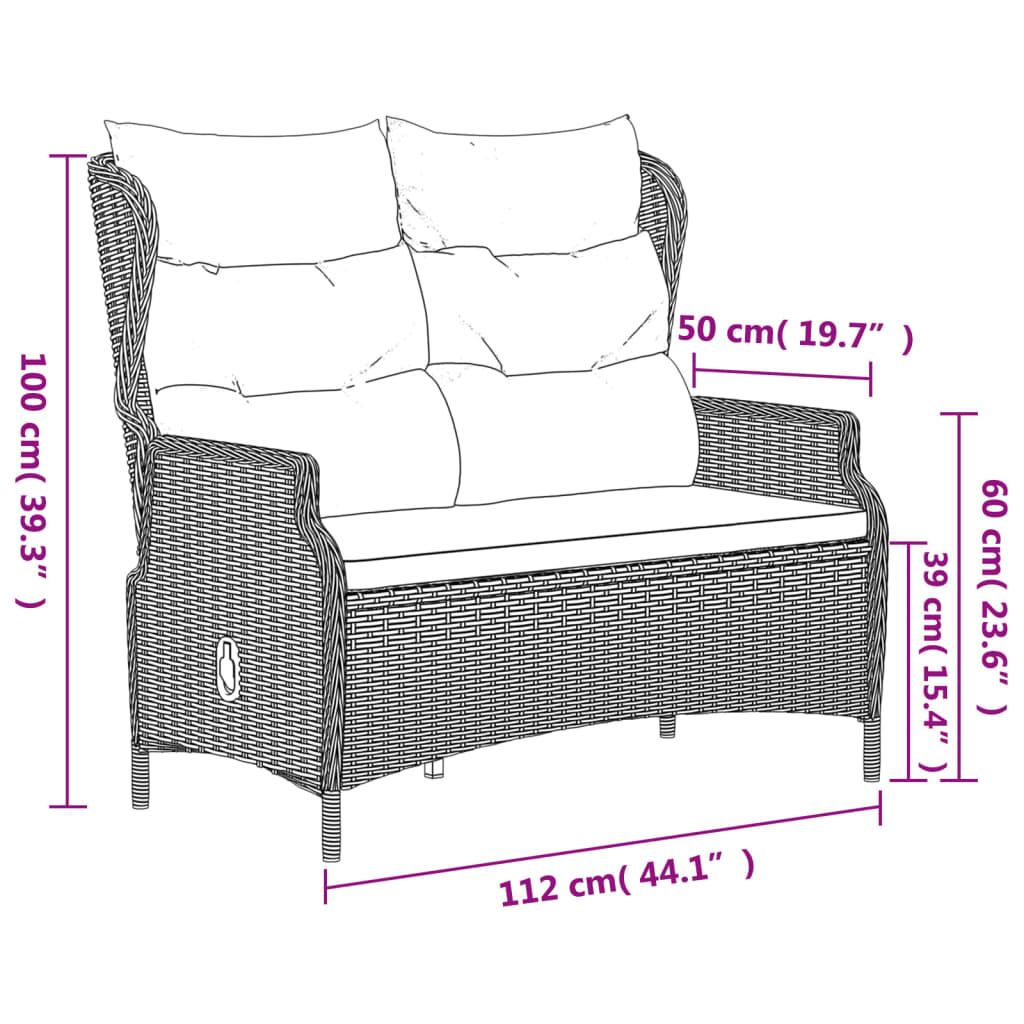 vidaXL Gartenbank 2-Sitzer mit Kissen Schwarz Poly Rattan