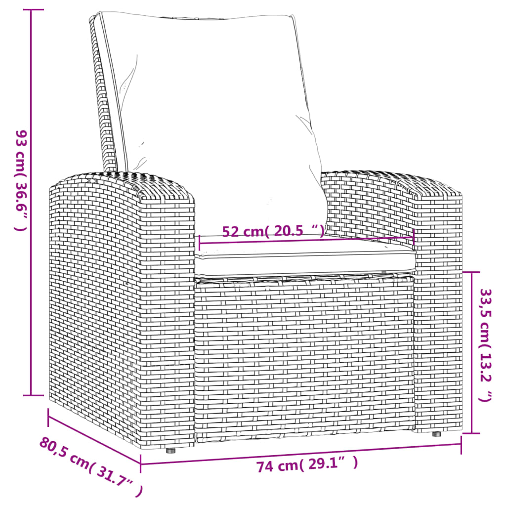 vidaXL Gartensessel Verstellbar mit Kissen Grau Poly Rattan