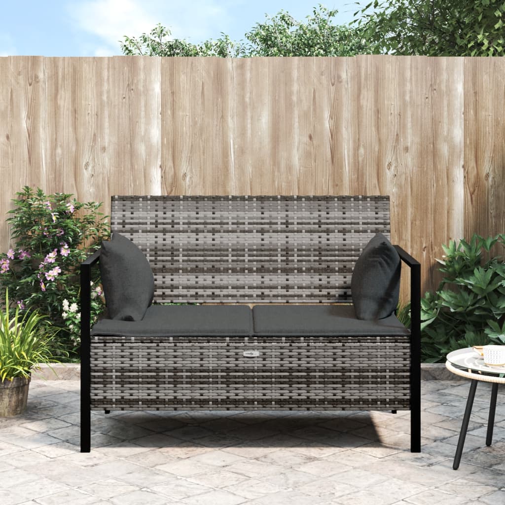 Gartenbank 2-Sitzer mit Kissen Grau Poly Rattan