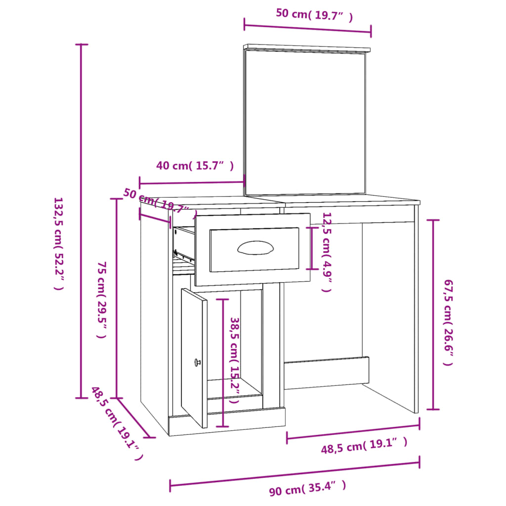 vidaXL Schminktisch mit Spiegel Weiß 90x50x132,5 cm Holzwerkstoff