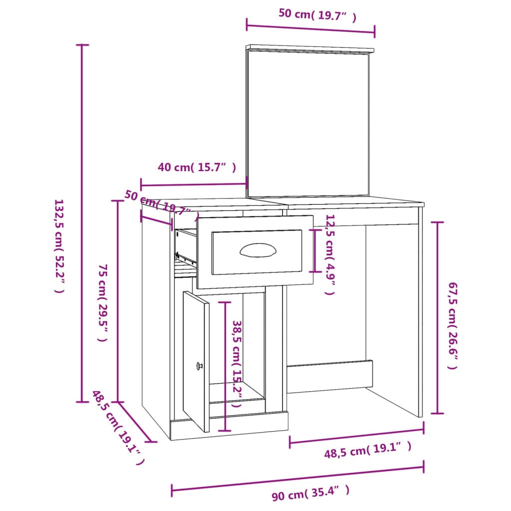 vidaXL Schminktisch mit Spiegel Sonoma-Eiche 90x50x132,5 cm