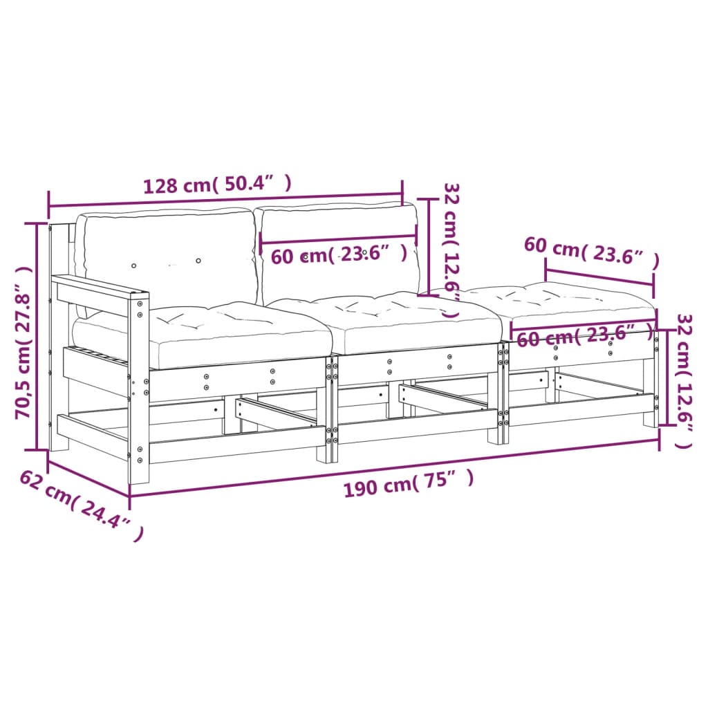 vidaXL 3-tlg. Garten-Lounge-Set mit Kissen Weiß Massivholz